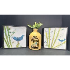 Set Of 2 Blue Birds 8x8 Sugarboo Designs Wood Whimsical Folk Art Stamped & Vase